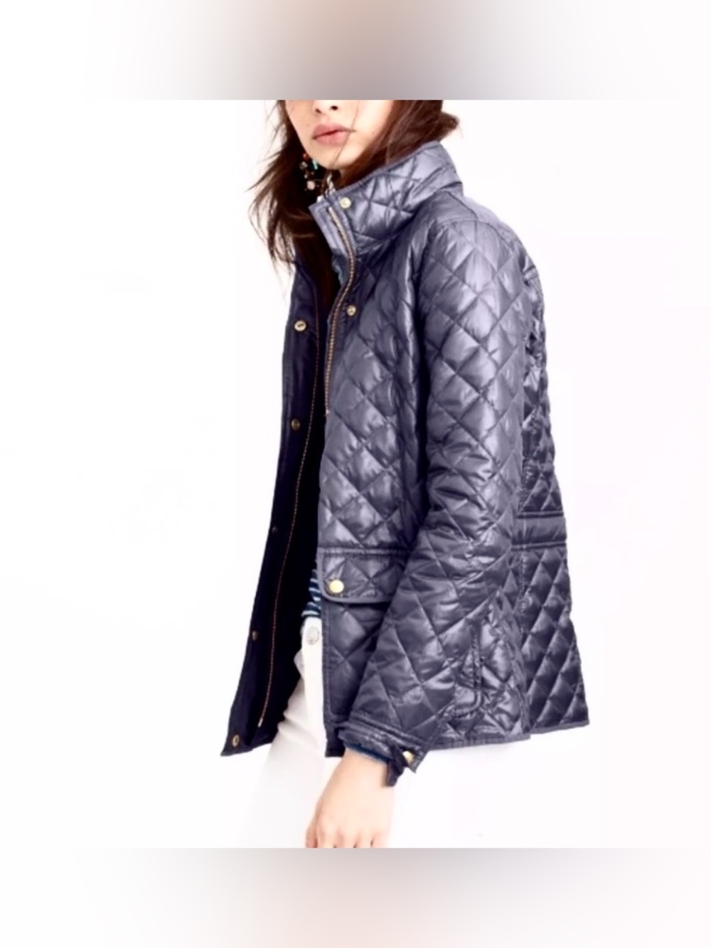 J. CREW Navy Blue Shiny Quilted Down Puffer Jacket Coat Size Small - Picture 3 of 11